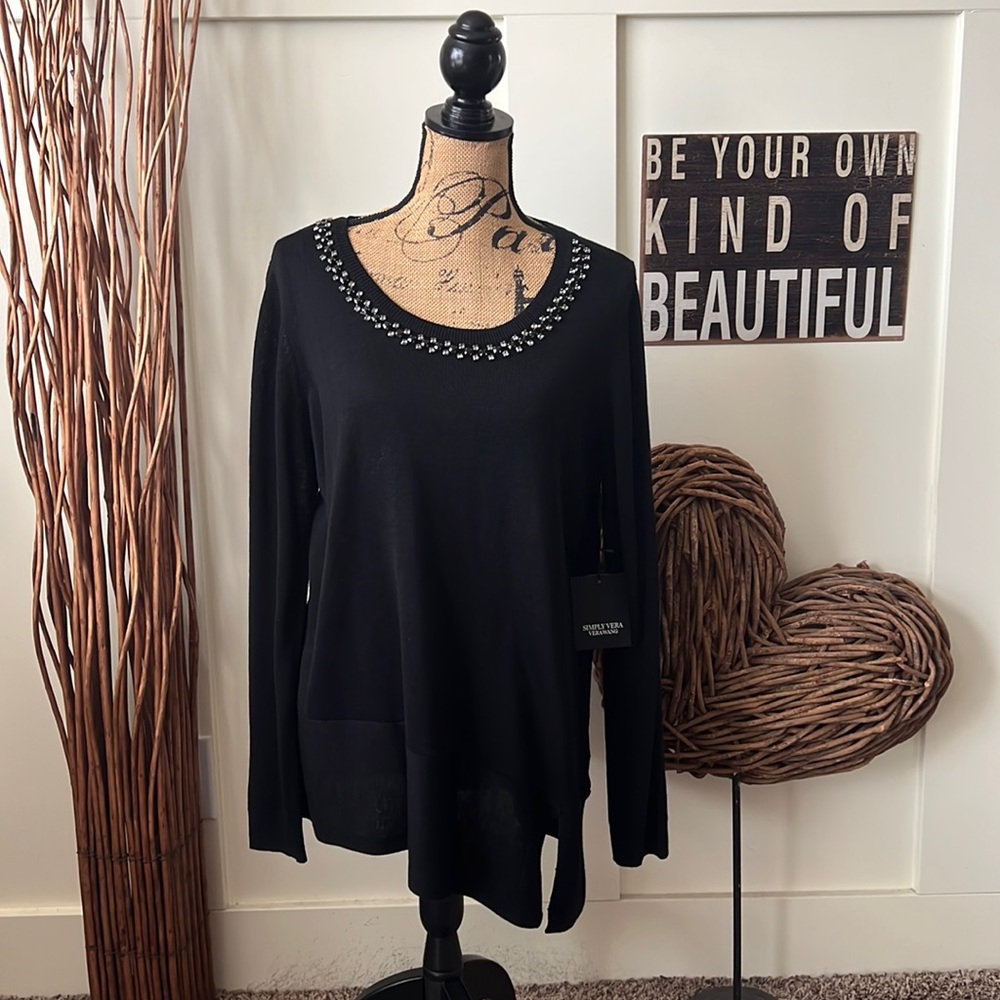 Simply Vera Vera Wang Black Asymmetrical Sweater with Rhinestone Neckline